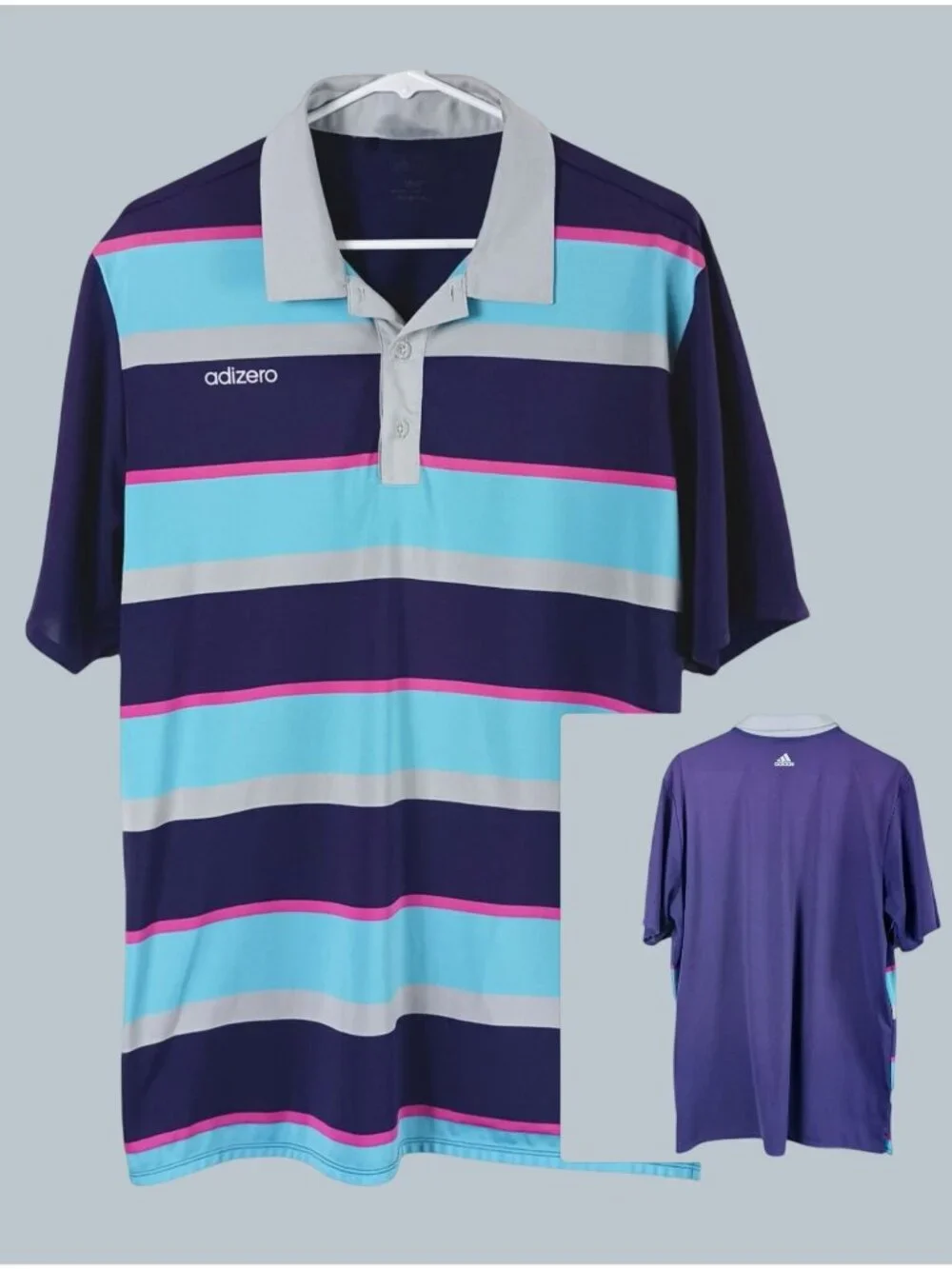 Adidas Adizero Striped Front Polo Shirt Mens L Purple Golf Sporty Athleisure